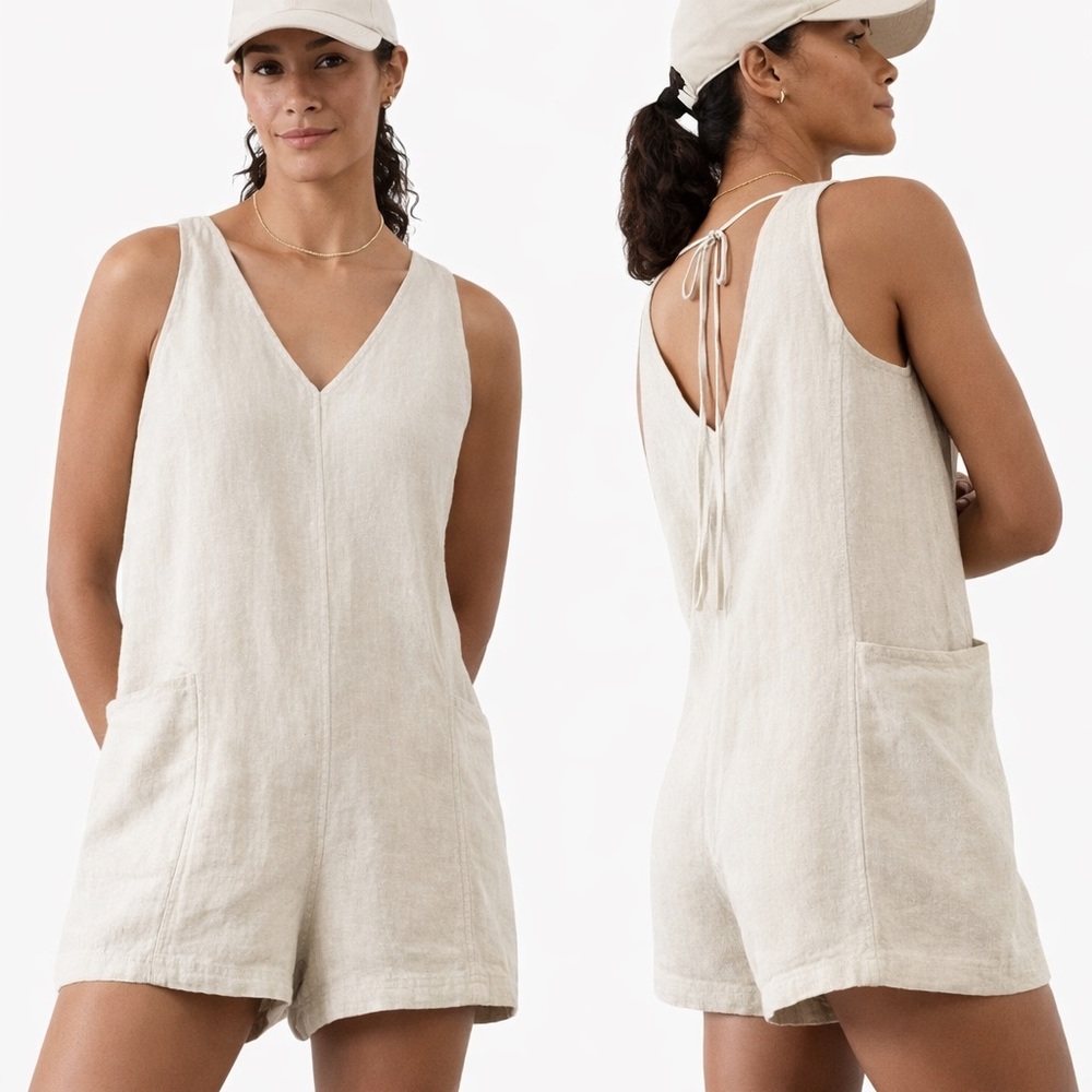 Athleta Retreat Linen Romper Beige Undyed Size S 100% Linen Tie Back Travel